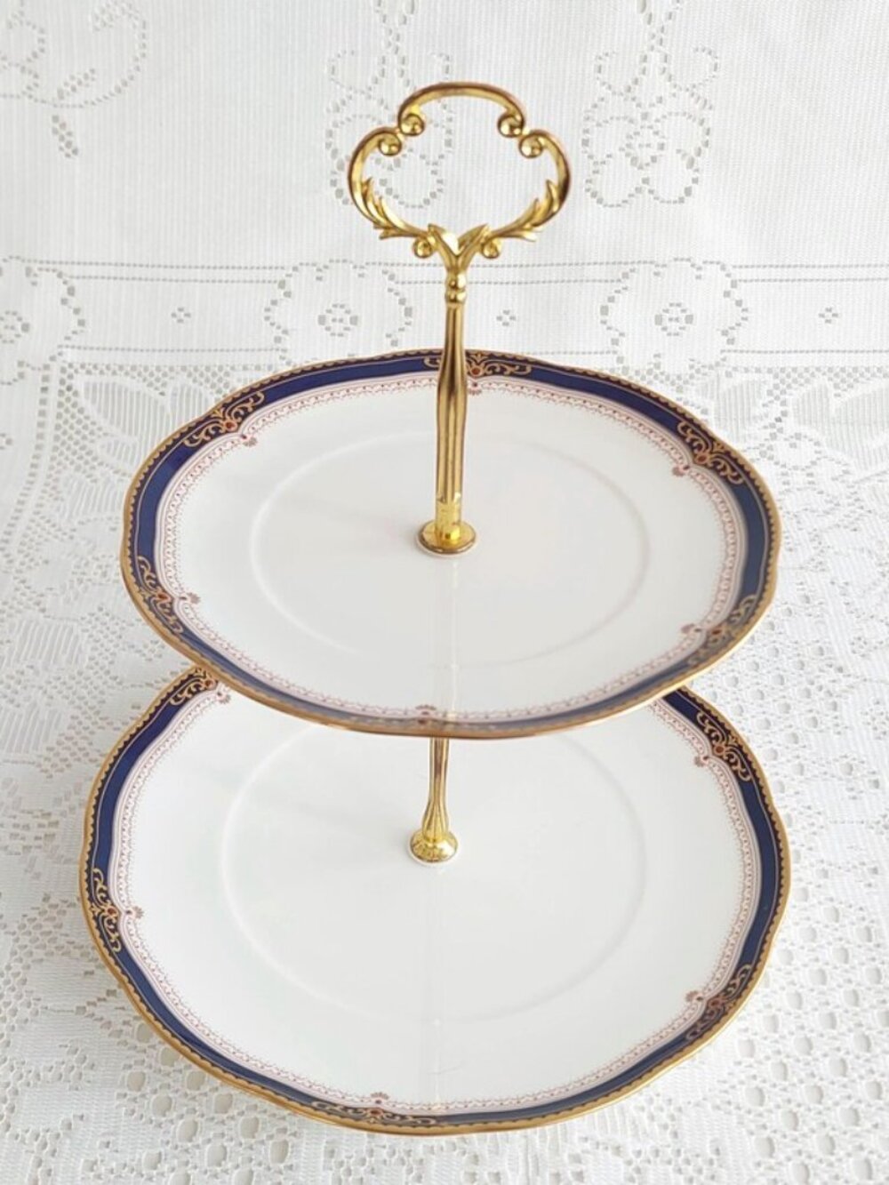 Vintage Noritake 2 Tier Cake Stand Lady Eve Cobalt Blue Gold Cupcake Tower